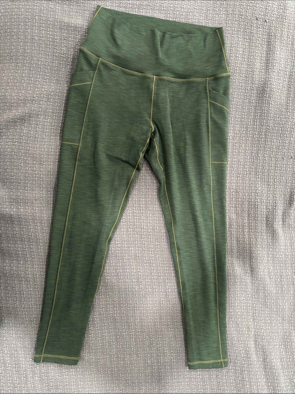 Prana Olive Green High-Waist Leggings with Yellow Stitching